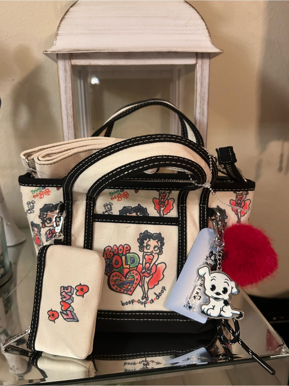 Betty Boop Cream Canvas Tote with Black Trim, coin pouch, Red Pom/dog Charm